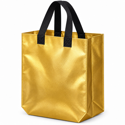 Pack of 10 Golden Metallic Gift Bags with Black Handles | Premium Reusable Shopping & Return Gift Bags