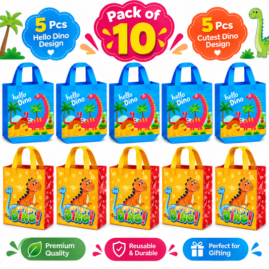 Pack of 10 Blue and Yellow Dino Gift Bags with Assorted Prints