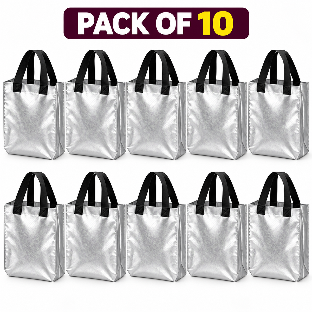 Pack of 10 Silver Non-Woven Shopping Bags with Black Handles | Reusable Carry Bags