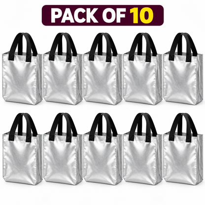 Pack of 10 Silver Non-Woven Shopping Bags with Black Handles | Reusable Carry Bags