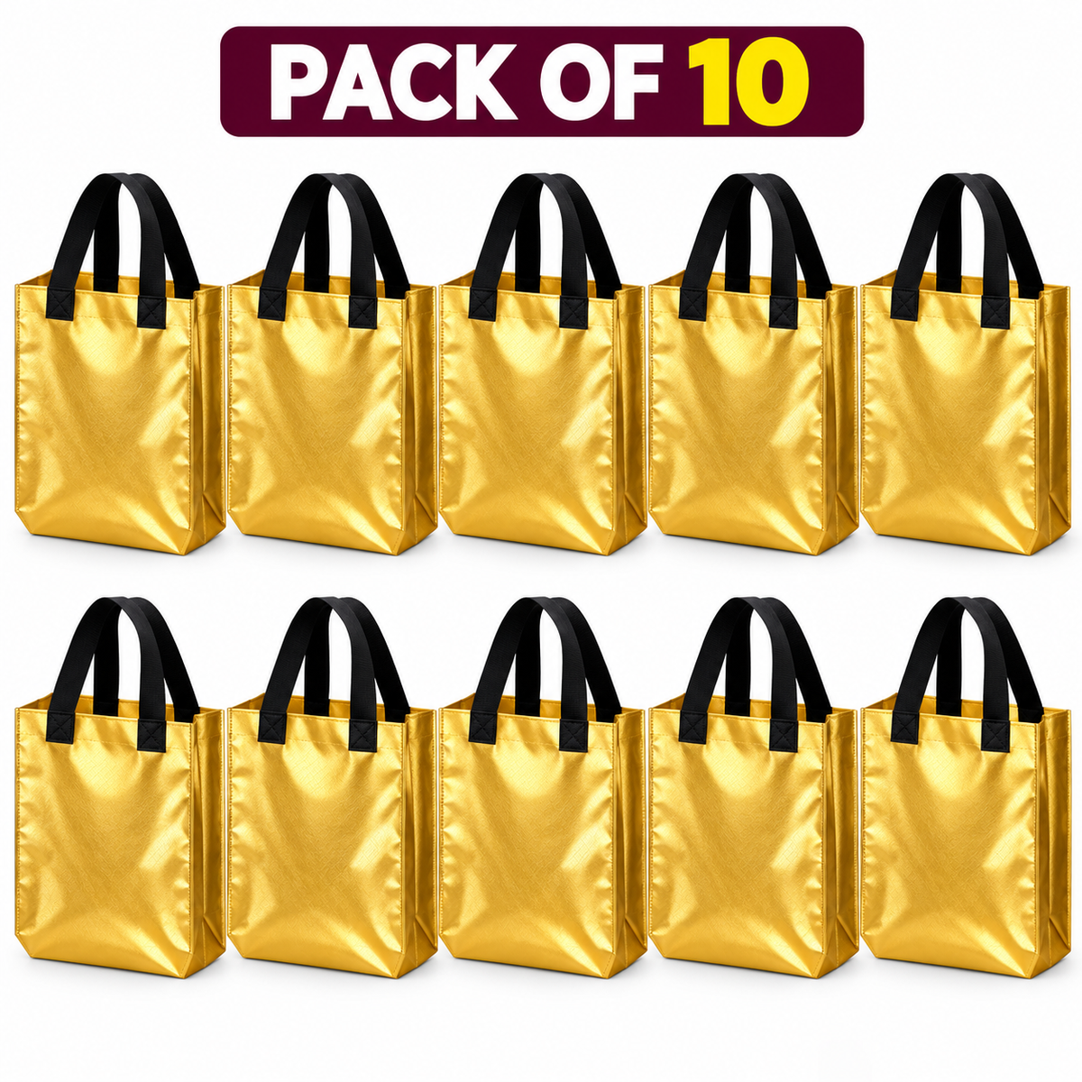 Pack of 10 Golden Metallic Gift Bags with Black Handles | Premium Reusable Shopping & Return Gift Bags
