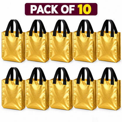 Pack of 10 Golden Metallic Gift Bags with Black Handles | Premium Reusable Shopping & Return Gift Bags