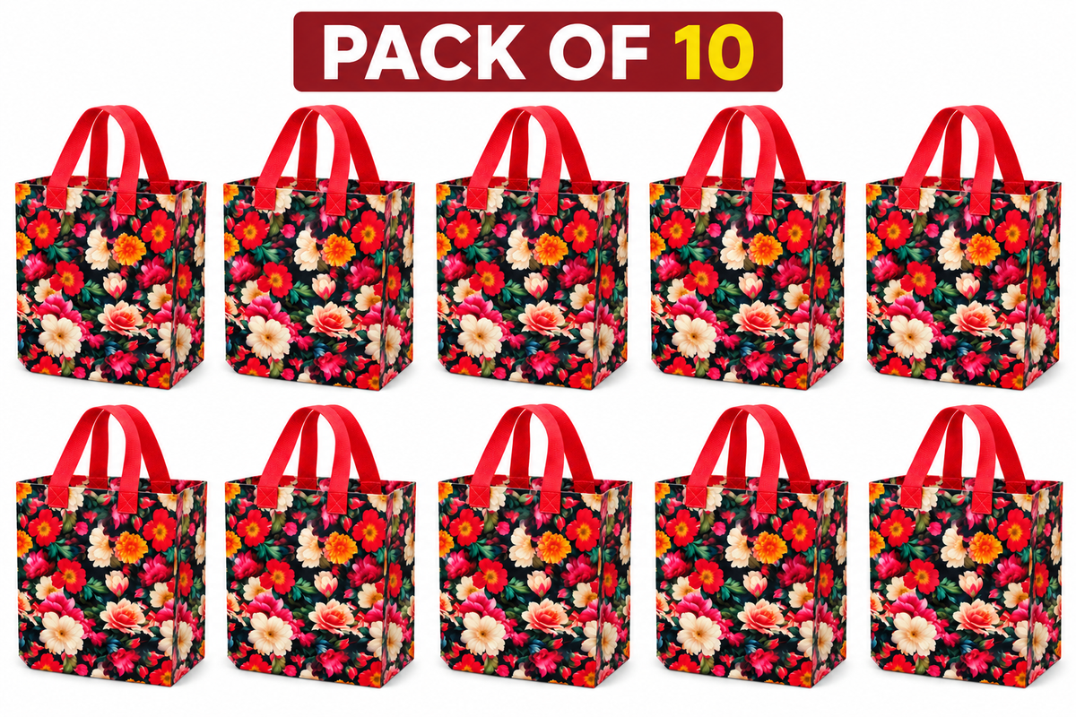 Pack of 10 Floral Printed Gift Bags | Red Handle | Reusable Party & Return Gift Bags