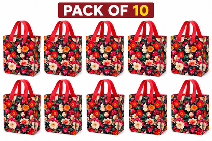 Pack of 10 Floral Printed Gift Bags | Red Handle | Reusable Party & Return Gift Bags