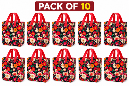 Pack of 10 Floral Printed Gift Bags | Red Handle | Reusable Party & Return Gift Bags