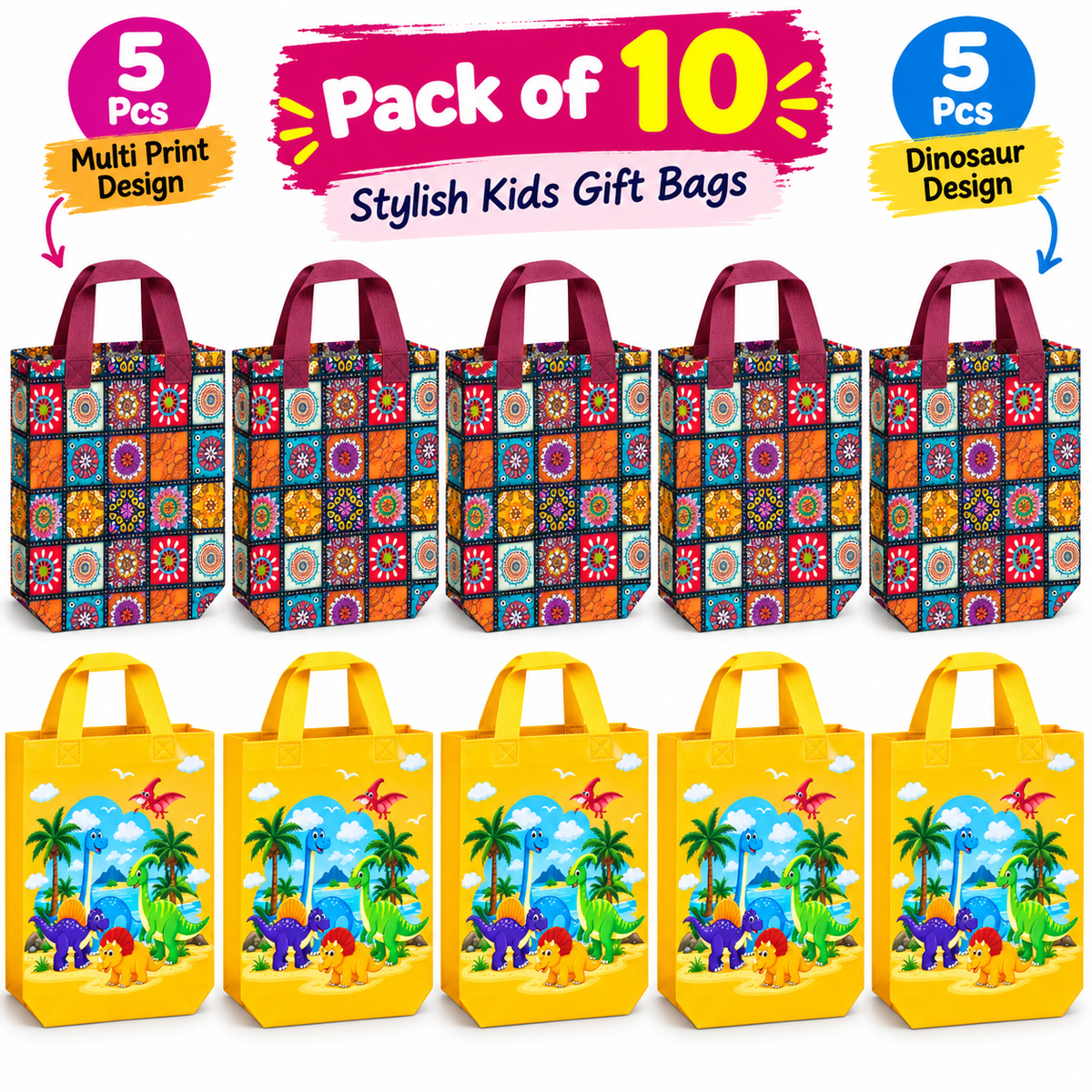 Pack of 10 Gift Bags | 5 Jaipuri Print & 5 Yellow Dino Design | Reusable Party Gift Bag