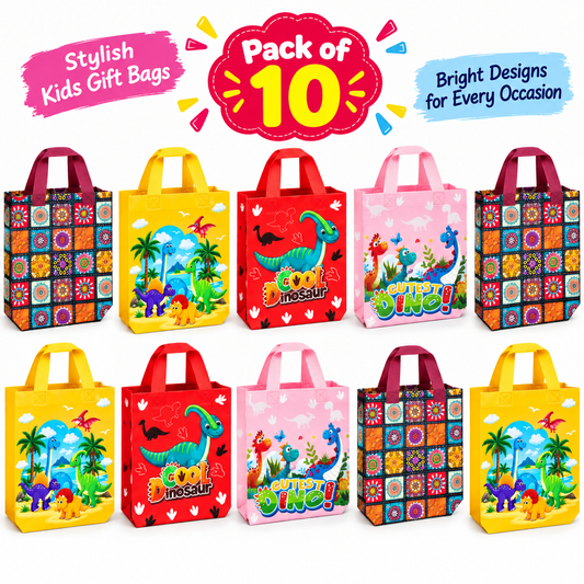 Pack of 10 Gift Bags | 5 Different Color jaipuri with Dino Designs | Colorful Reusable Party & Return Gift Bags