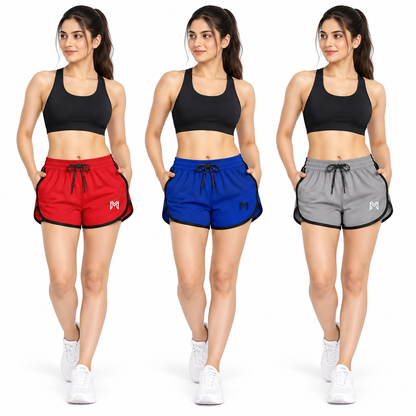 MOKSHII Pack of 3 Unisex Sports & Gym Shorts – Red, Blue & Grey | Running, Workout & Activewear Shorts