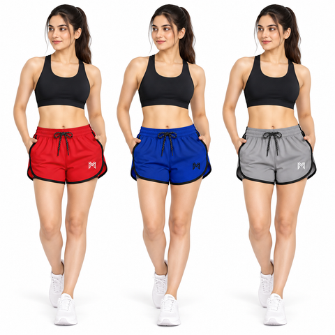MOKSHII Pack of 3 Unisex Sports & Gym Shorts – Red, Blue & Grey | Running, Workout & Activewear Shorts