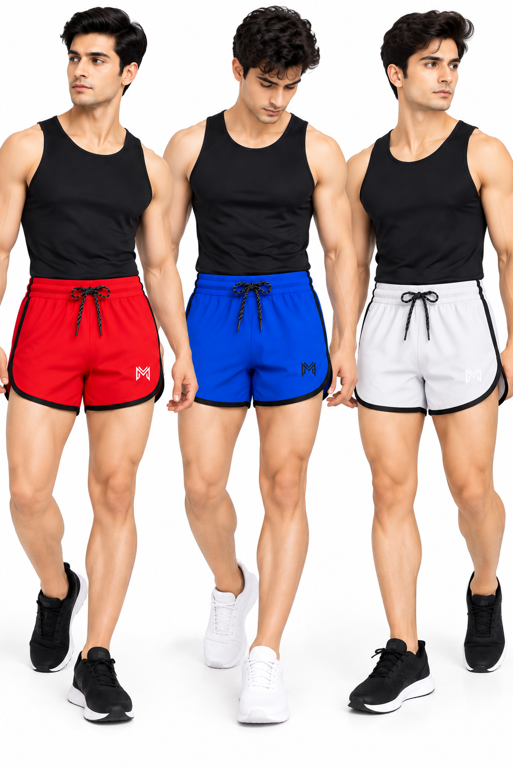 MOKSHII Pack of 3 Unisex Sports & Gym Shorts – Red, Blue & White | Running, Workout & Activewear
