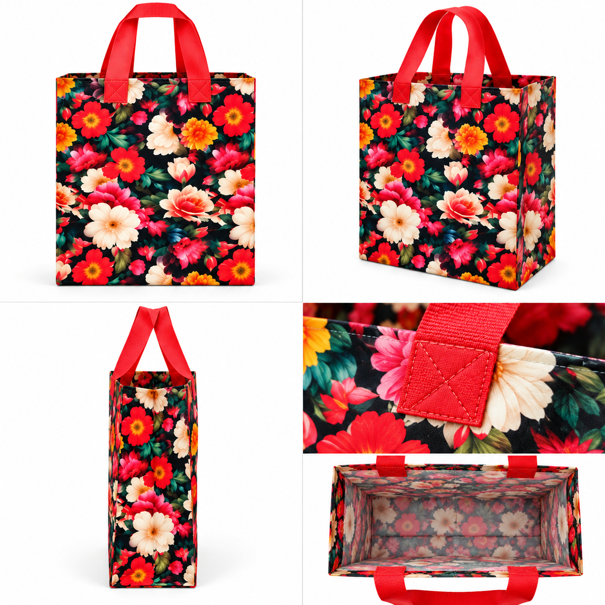 Pack of 10 Floral Printed Gift Bags | Red Handle | Reusable Party & Return Gift Bags