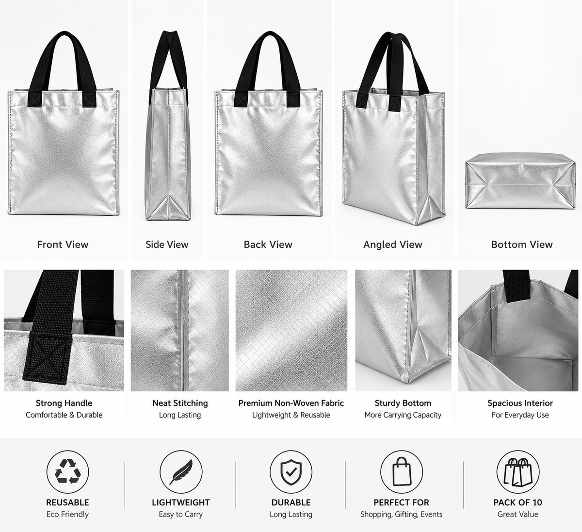 Pack of 10 Silver Non-Woven Shopping Bags with Black Handles | Reusable Carry Bags