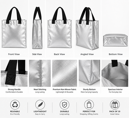 Pack of 10 Silver Non-Woven Shopping Bags with Black Handles | Reusable Carry Bags