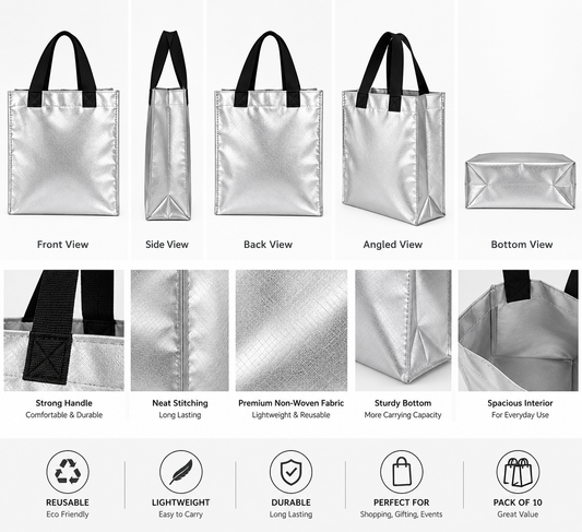 Pack of 10 Silver Non-Woven Shopping Bags with Black Handles | Reusable Carry Bags