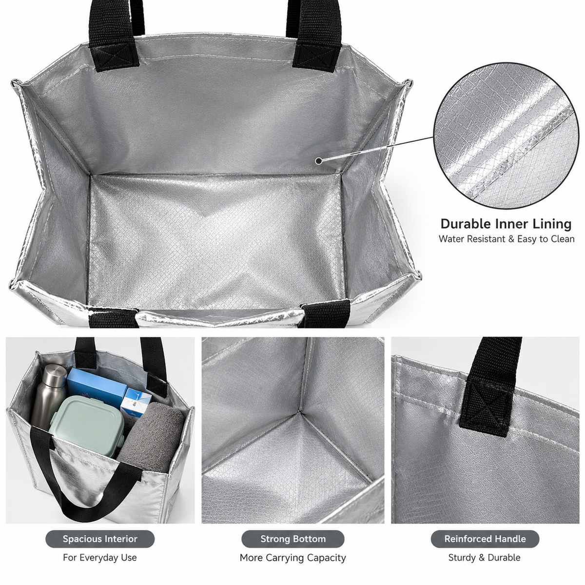 Pack of 10 Silver Non-Woven Shopping Bags with Black Handles | Reusable Carry Bags