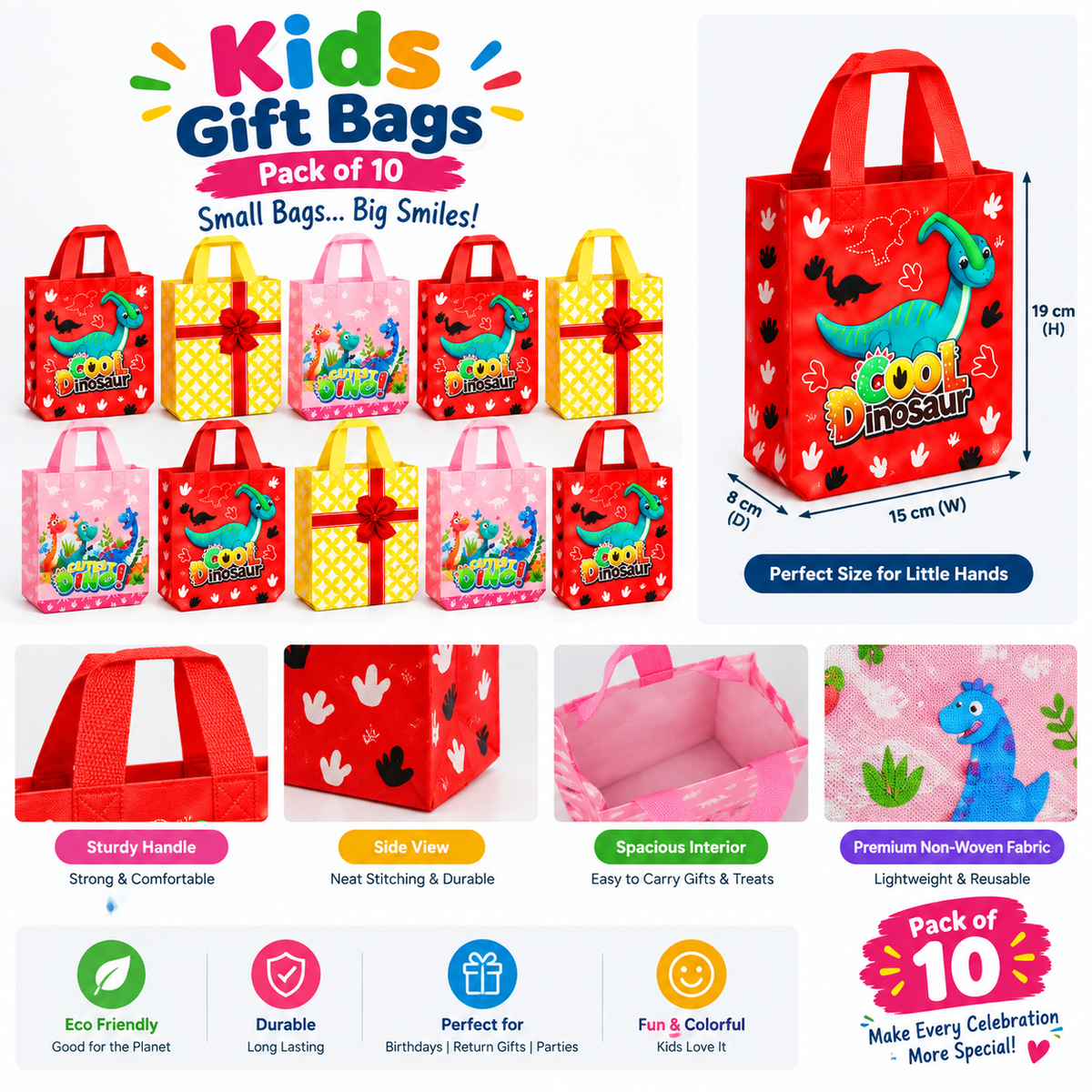 Kids Gift Bags Pack of 10 | Colorful Dinosaur & Birthday Return Gift Bags for Kids