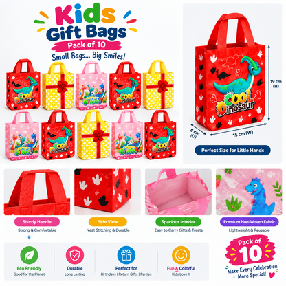 Kids Gift Bags Pack of 10 | Colorful Dinosaur & Birthday Return Gift Bags for Kids