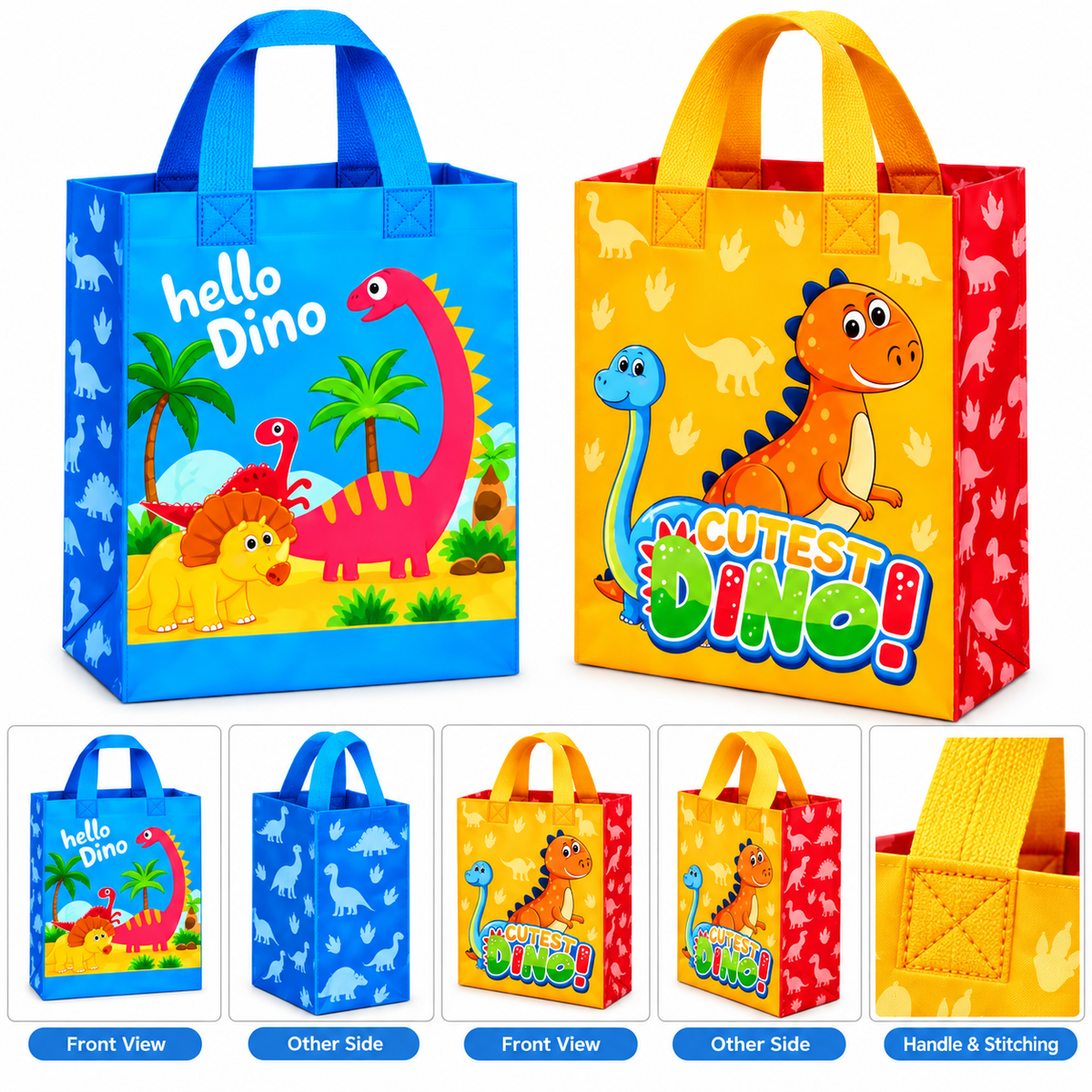 Pack of 10 Blue and Yellow Dino Gift Bags with Assorted Prints
