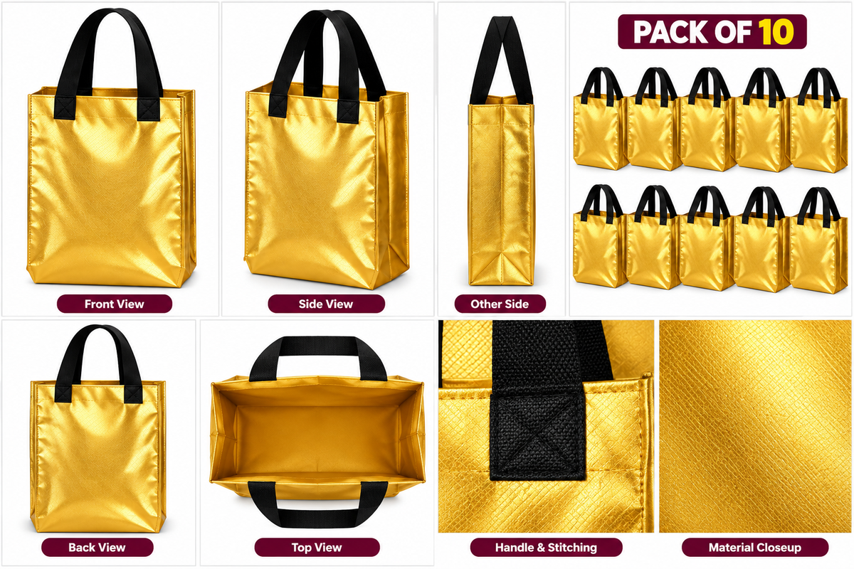 Pack of 10 Golden Metallic Gift Bags with Black Handles | Premium Reusable Shopping & Return Gift Bags
