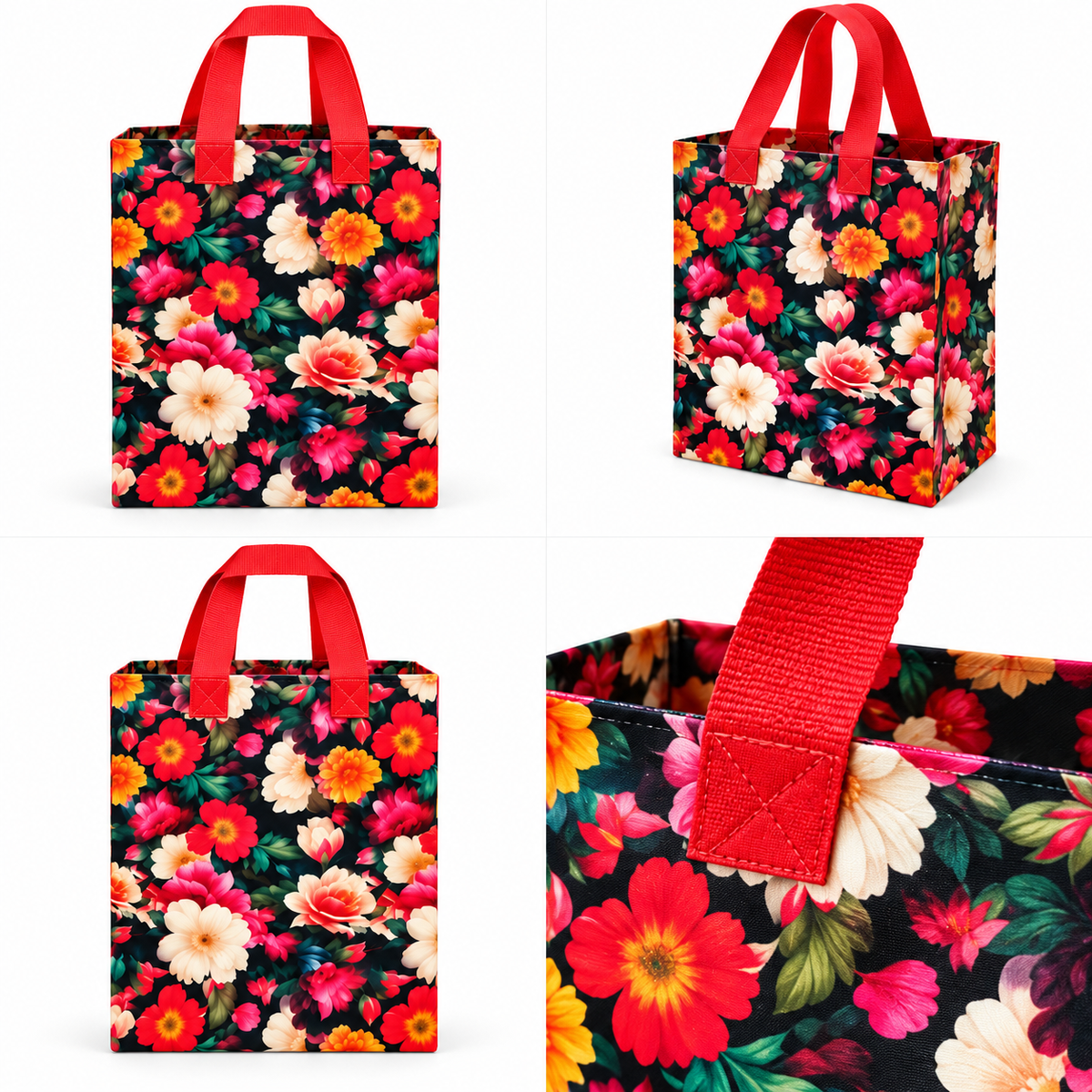 Pack of 10 Floral Printed Gift Bags | Red Handle | Reusable Party & Return Gift Bags