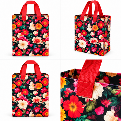 Pack of 10 Floral Printed Gift Bags | Red Handle | Reusable Party & Return Gift Bags