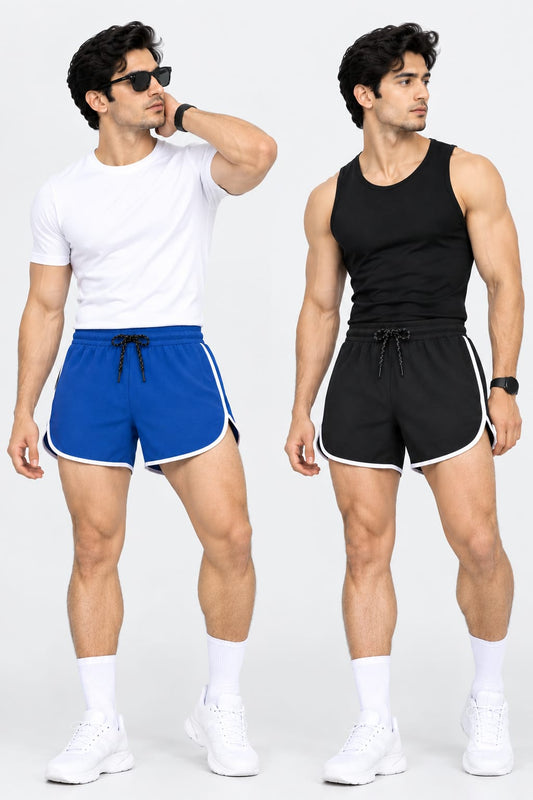 Men’s Blue & Black Athletic Running Shorts with Contrast Piping & Drawstring | Gym & Sports Shorts